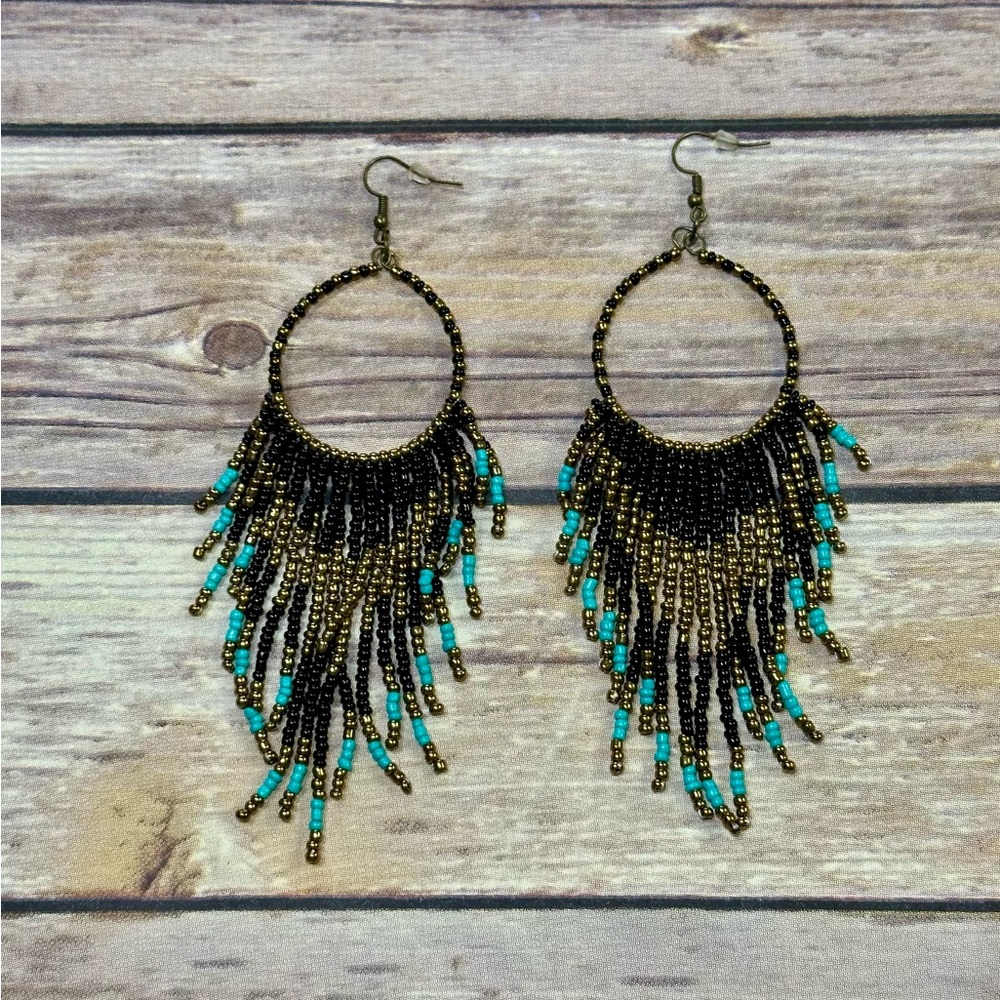 Blk/gold/turquoise Beaded Earrings - Picture 5 of 5